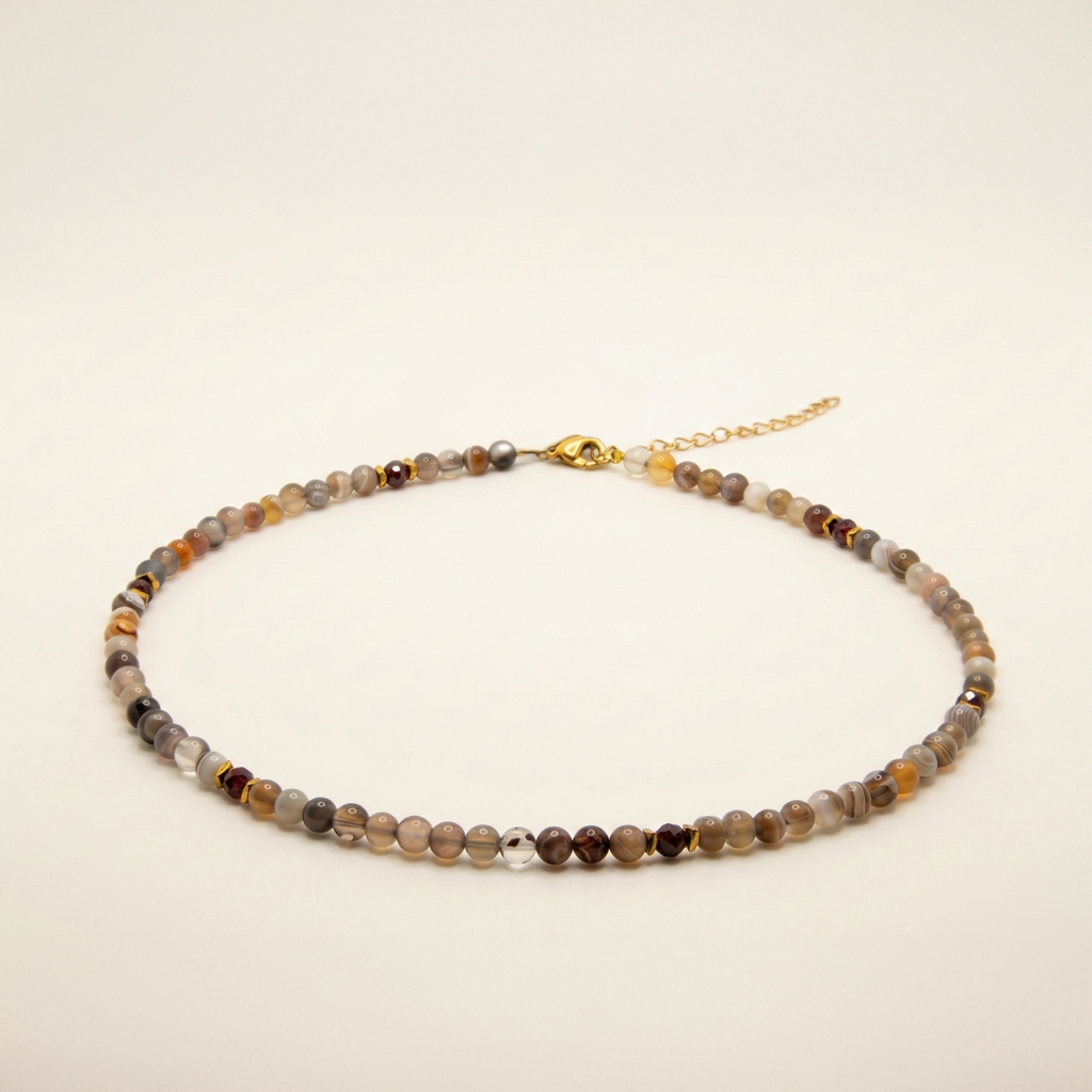 Krótki naszyjnik z kamieni: agat, złoty hematyt, granat