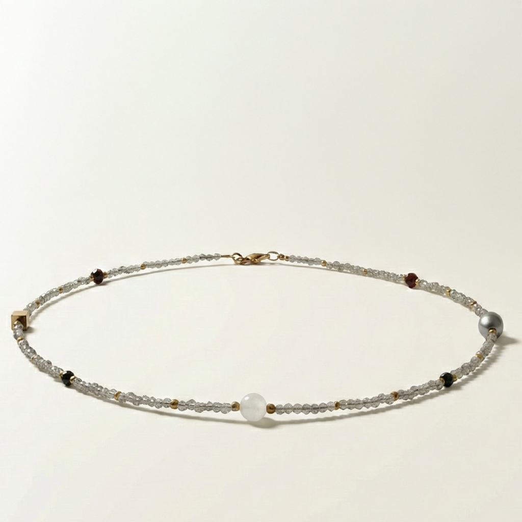 Krótki naszyjnik z kamieni naturalnych: cyrkonia, złoty hematyt, granat, perła, kwarc różowy, czarny turmalin - handmade