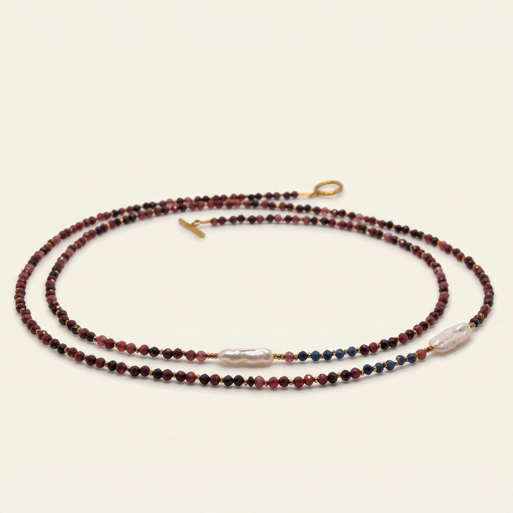 Długi naszyjnik z kamieni naturalnych: jadeit, złoty hematyt, jadeit niebieski, perła - handmade