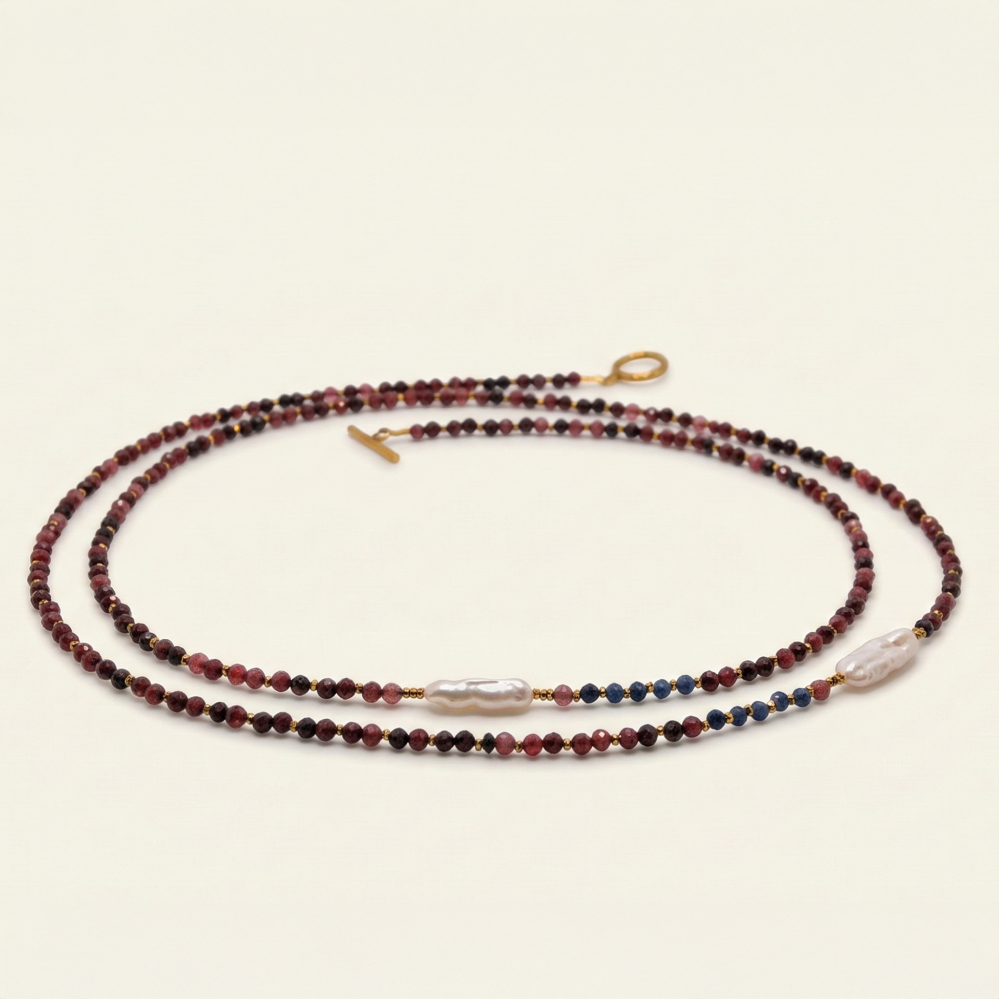 Długi naszyjnik z kamieni: jadeit, złoty hematyt, jadeit niebieski, perła