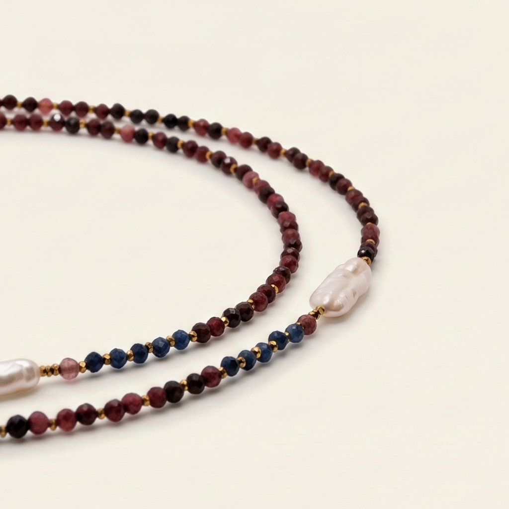 Długi naszyjnik z kamieni naturalnych: jadeit, złoty hematyt, jadeit niebieski, perła - handmade